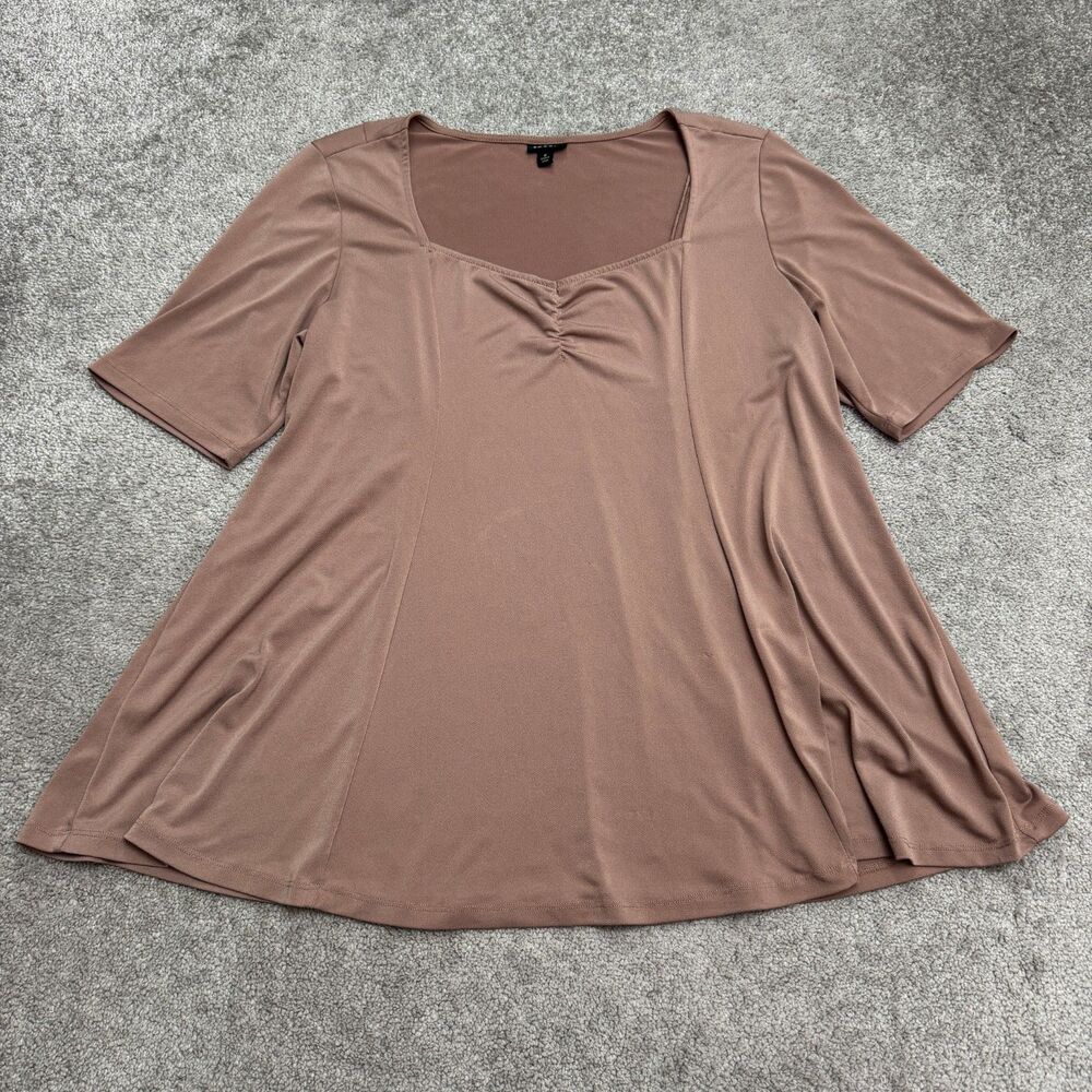 Torrid Babydoll Tunic Blouse Womens 2 2X Brown Square Neck Ruched Short Sleeve